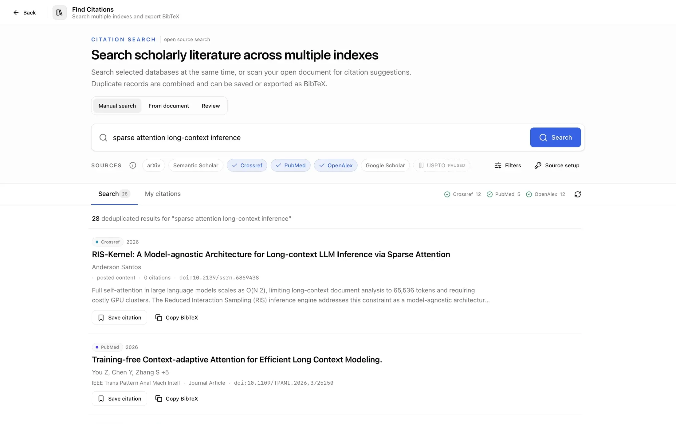 Citation Search with 28 results from Crossref, PubMed and OpenAlex