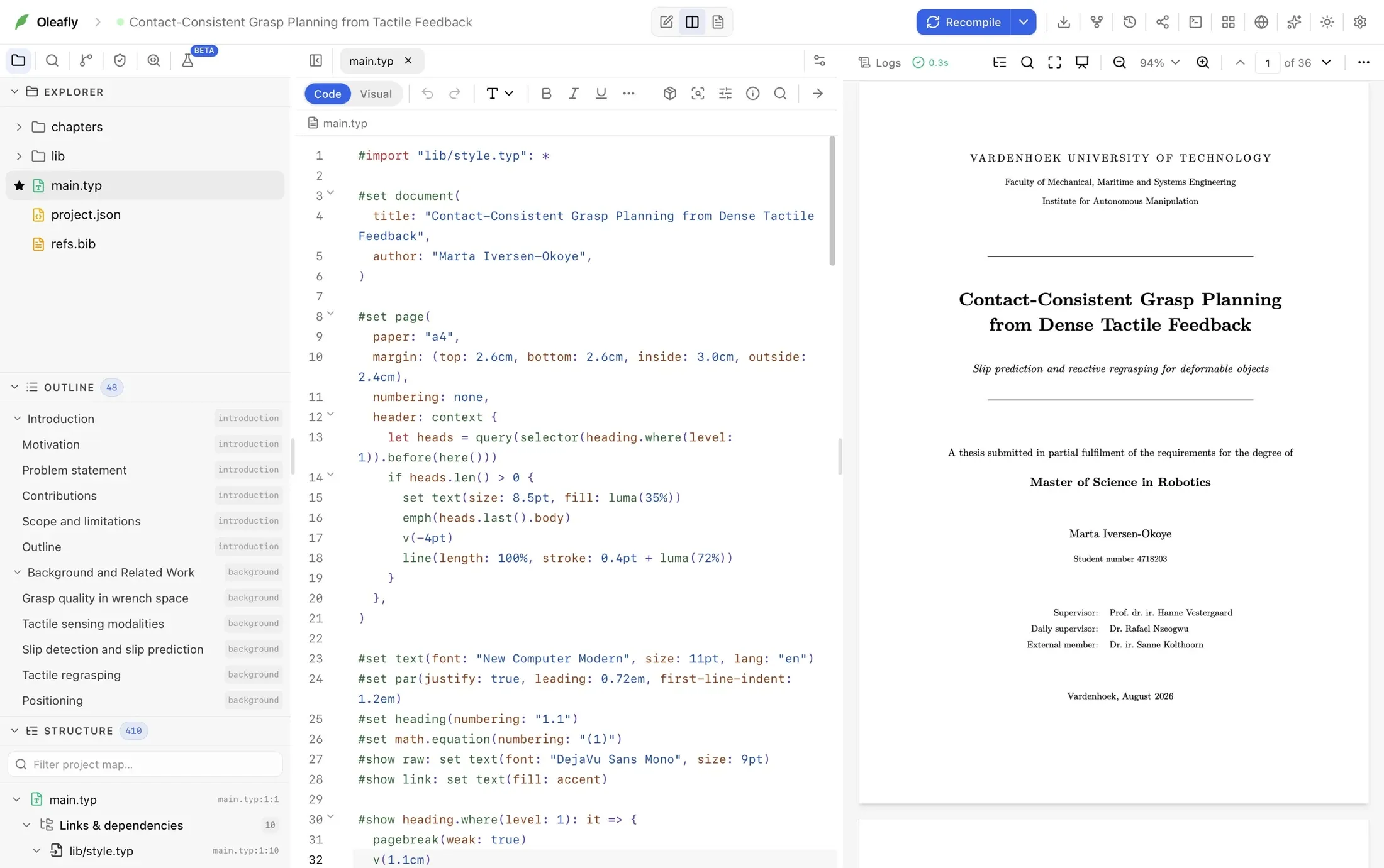 A Typst thesis in the editor with its outline and the compiled title page
