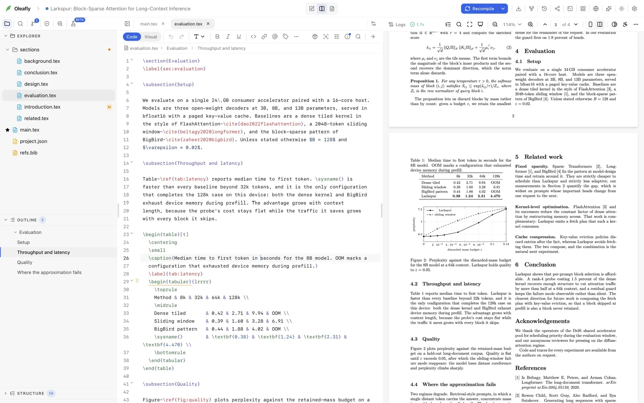 A LaTeX paper open in the editor beside its compiled PDF