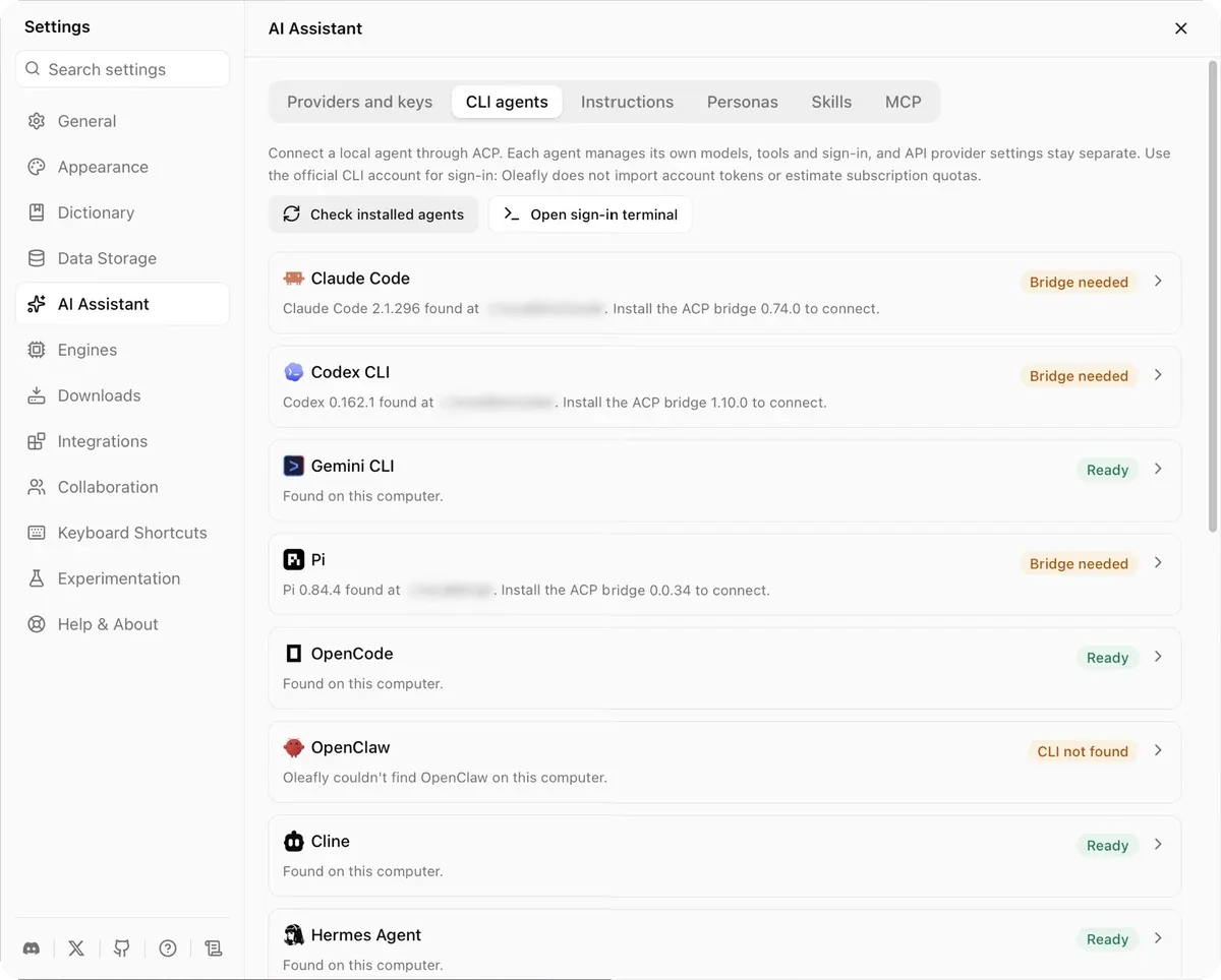 AI settings listing command-line agents and their status