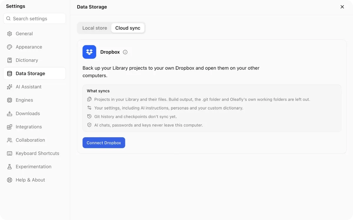 Data Storage settings offering Dropbox backup