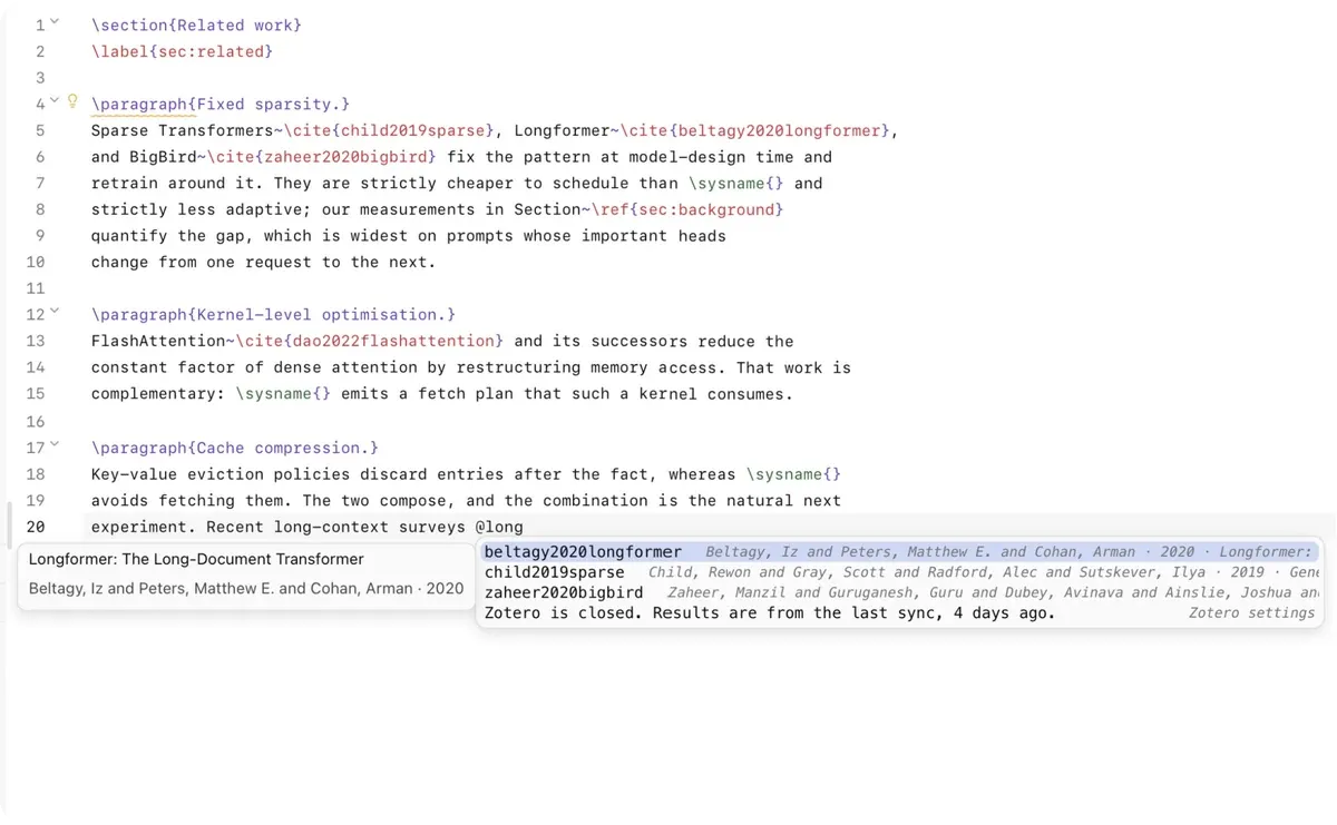 Citation key completion listing entries from refs.bib and Zotero