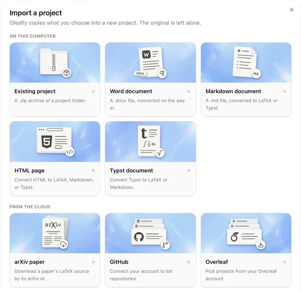 The Import a project dialog with sources on this computer and in the cloud