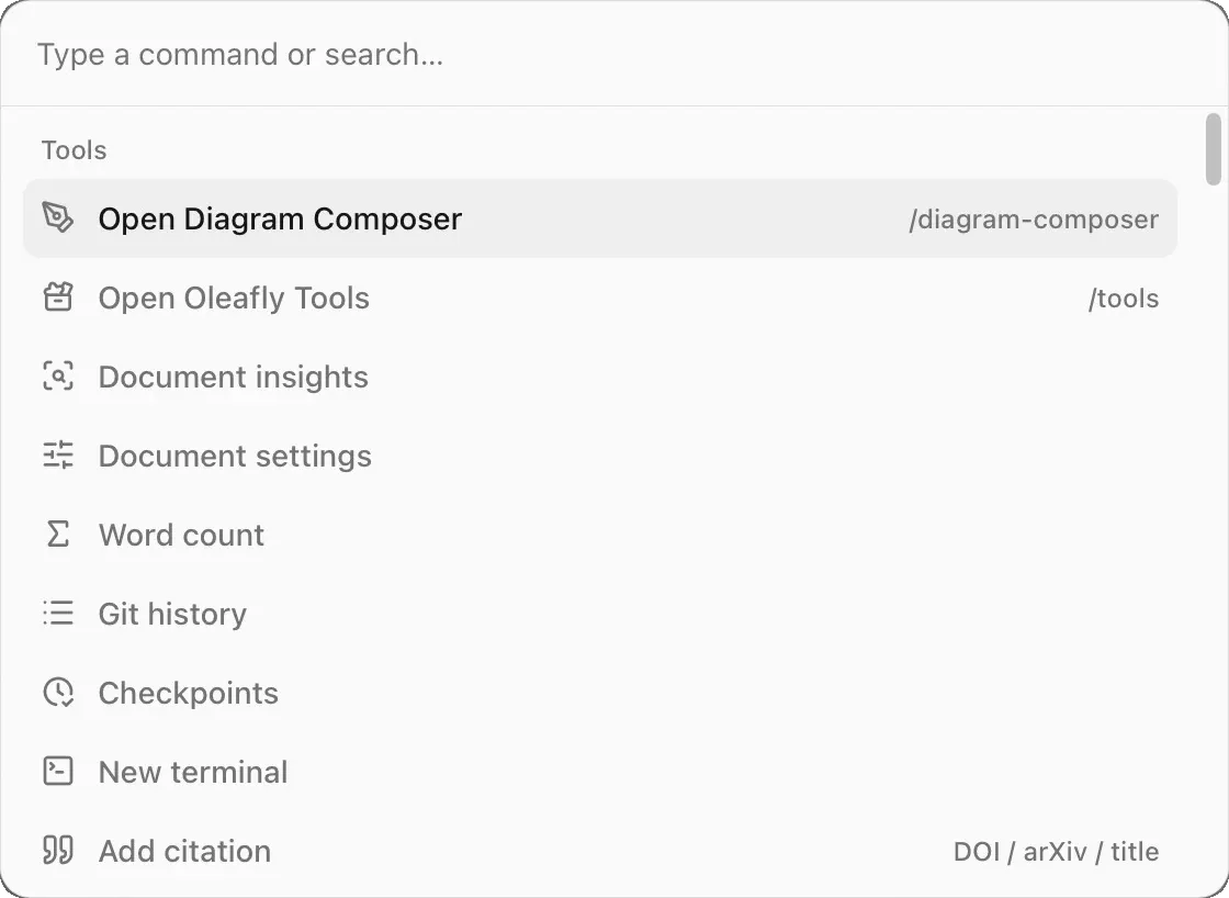 The command palette listing project commands