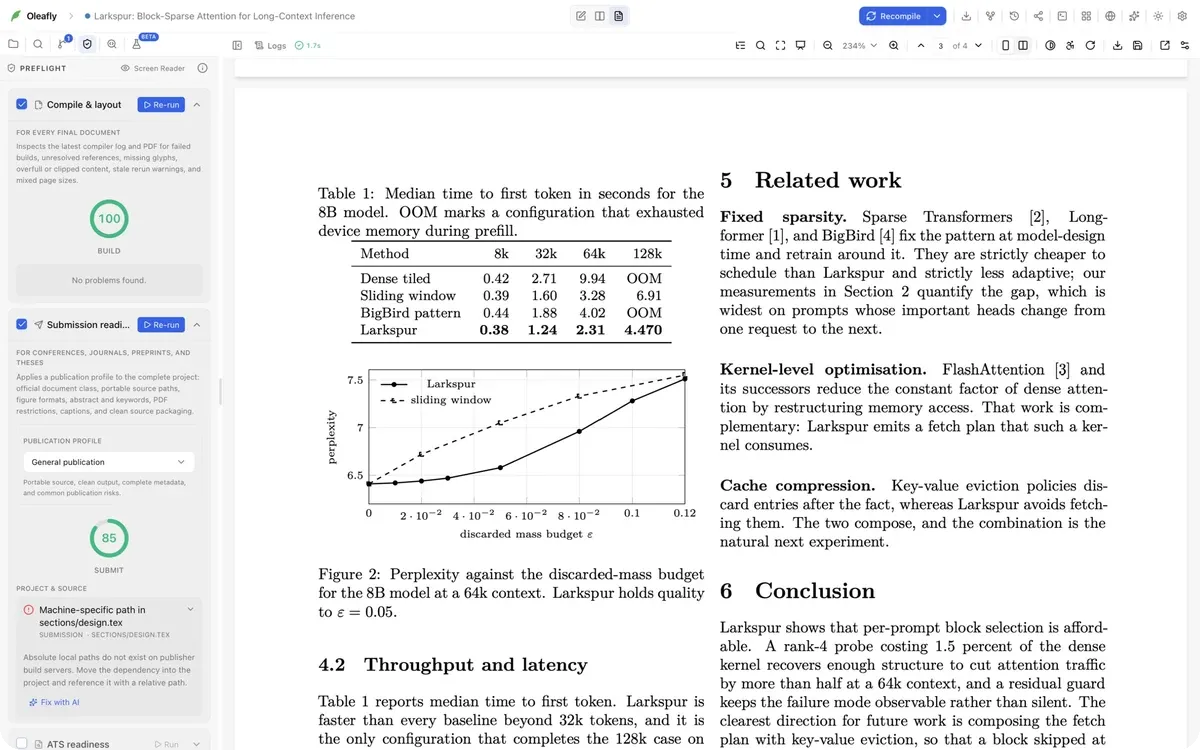 Preflight checks with build and submission scores beside the PDF