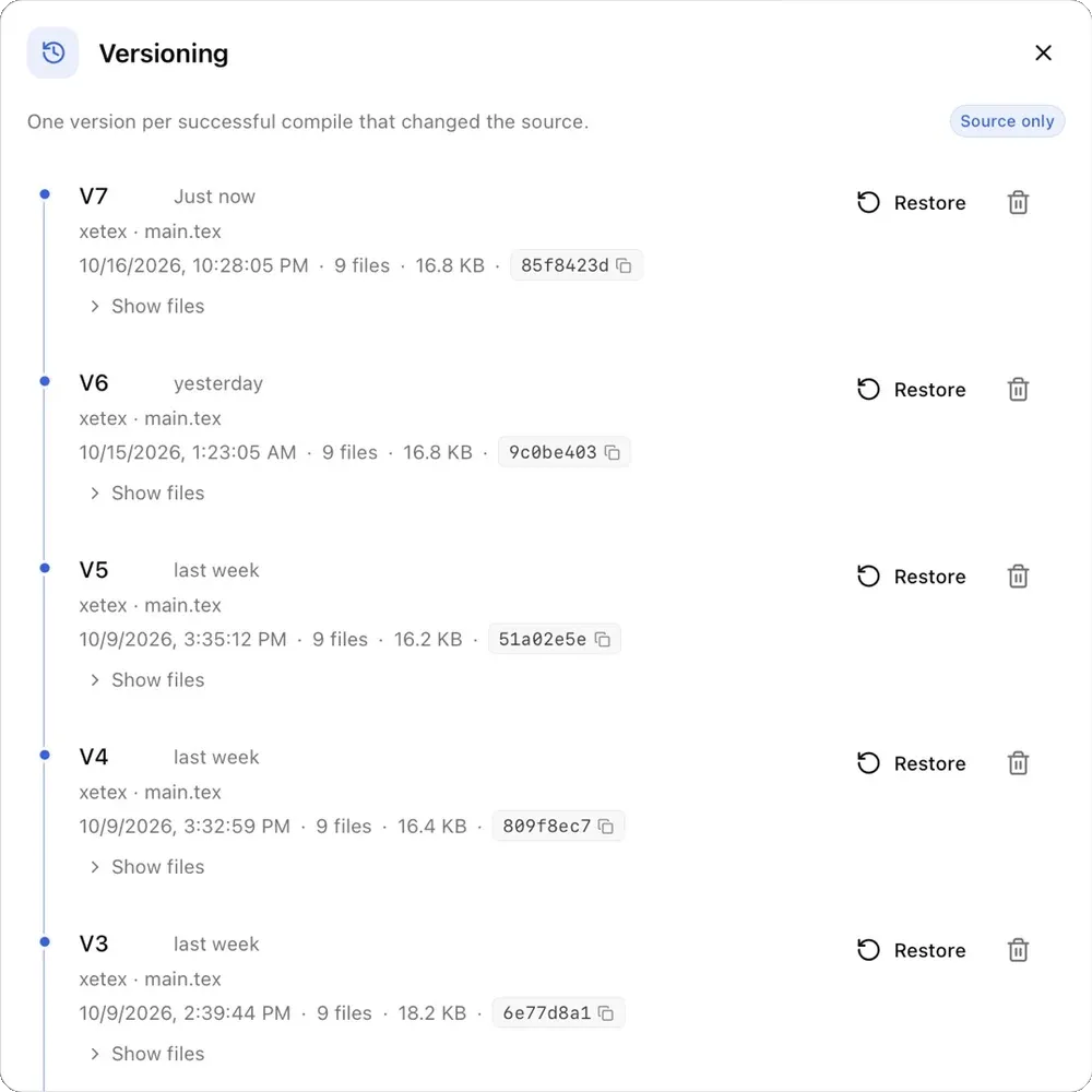 The Versioning dialog listing versions V3 to V7 with Restore buttons
