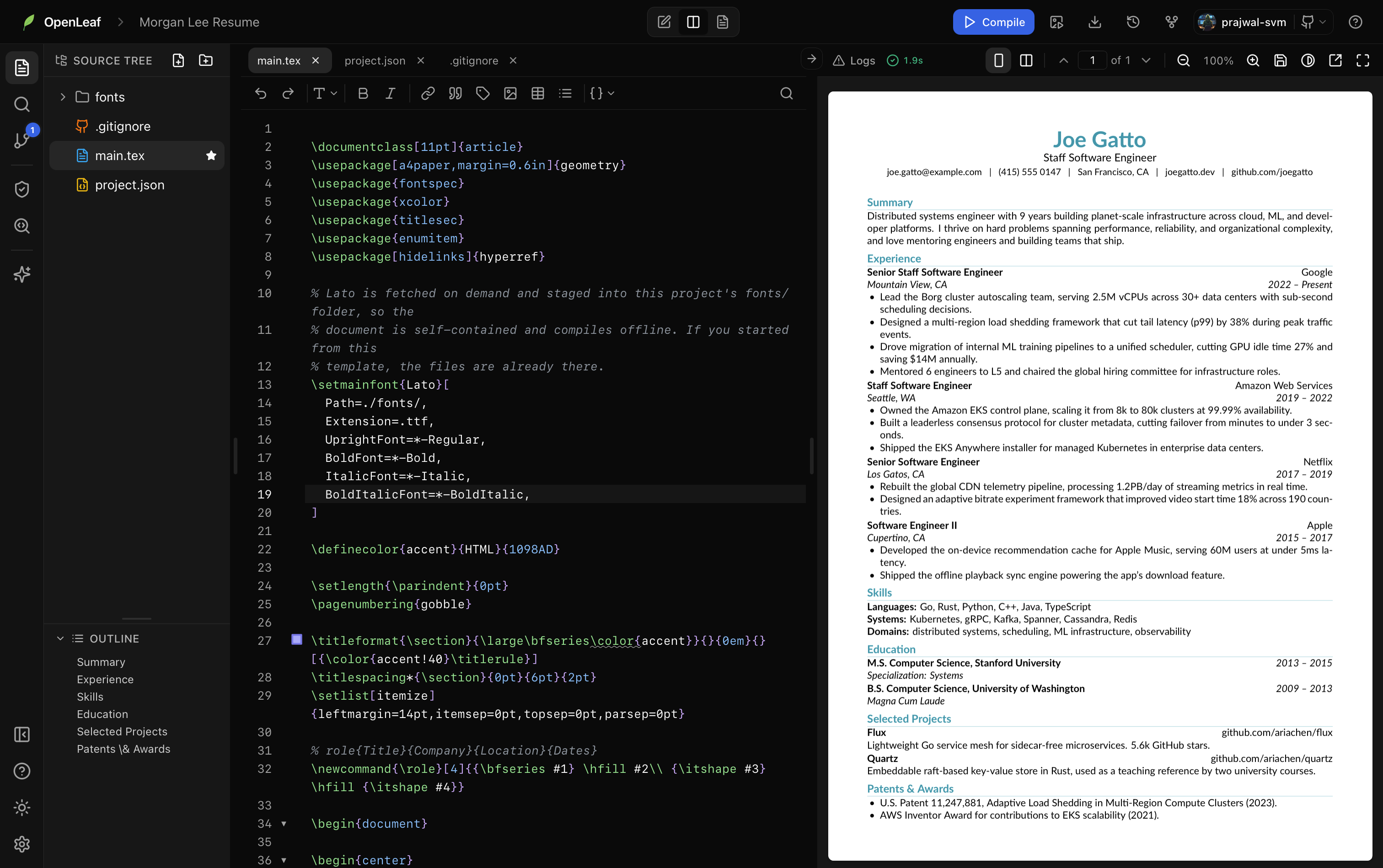 Oleafly: the editor on the left, the compiled PDF on the right