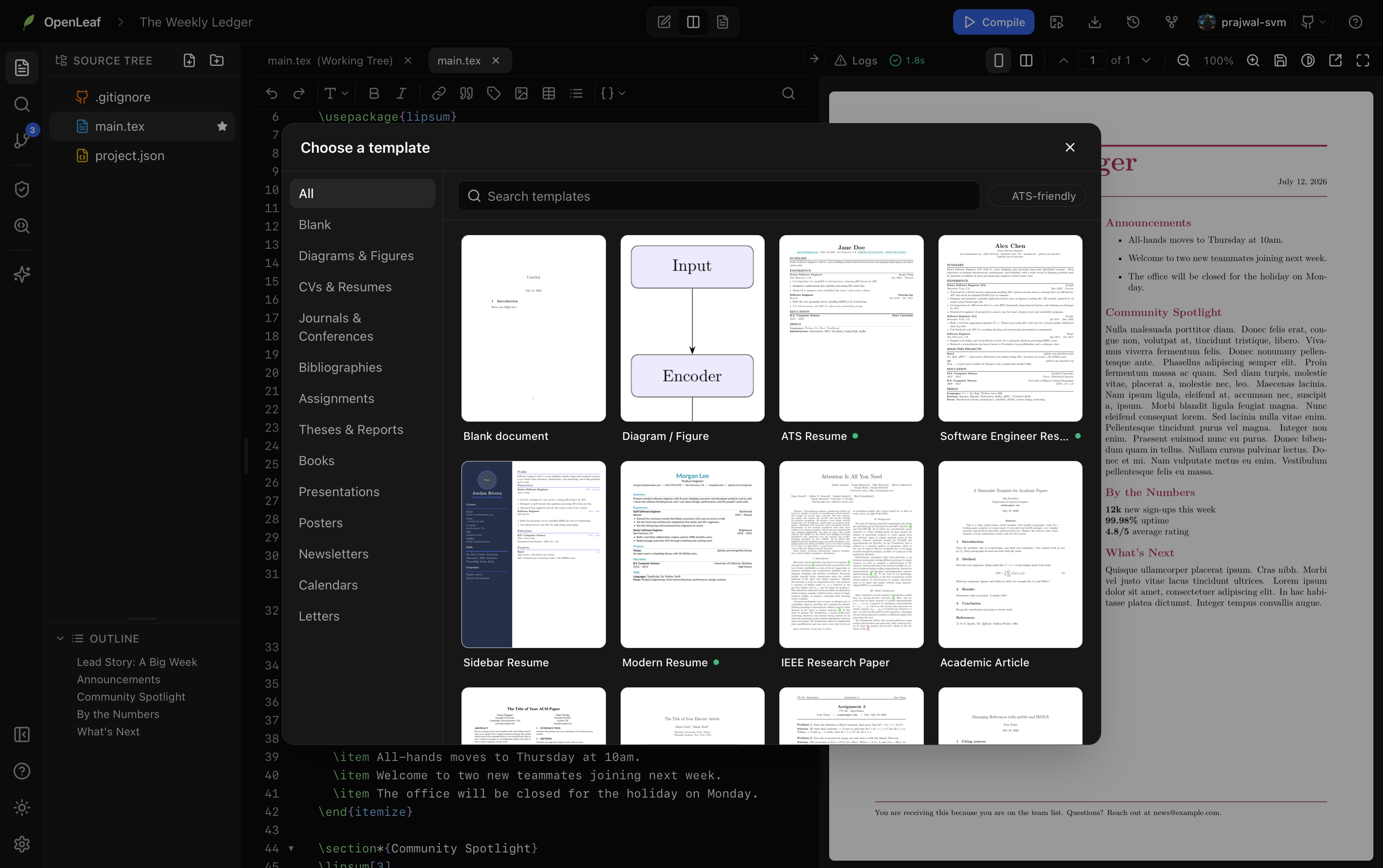 The template gallery with category rail, search, and page-one previews